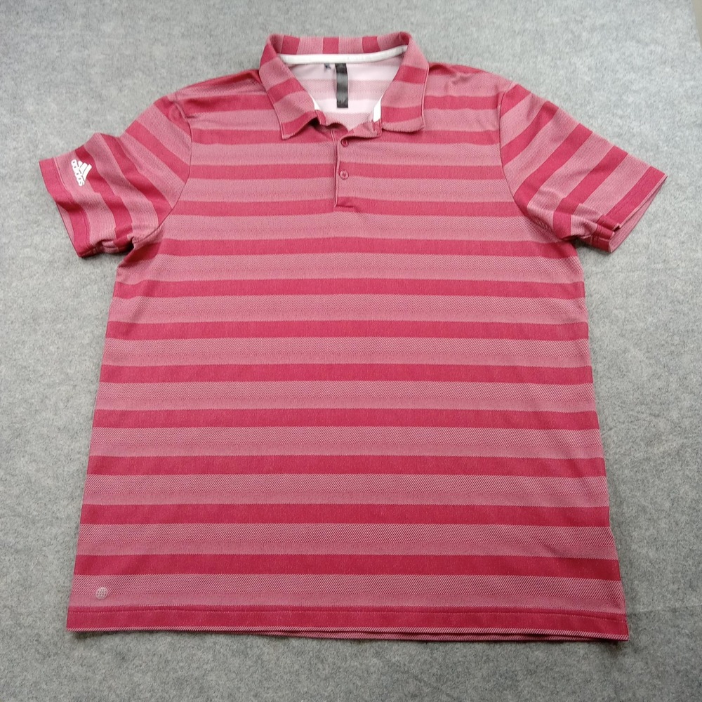 Adidas Polo Shirt Mens XL Pink Red Striped Golf Performance 100% Polyester‎